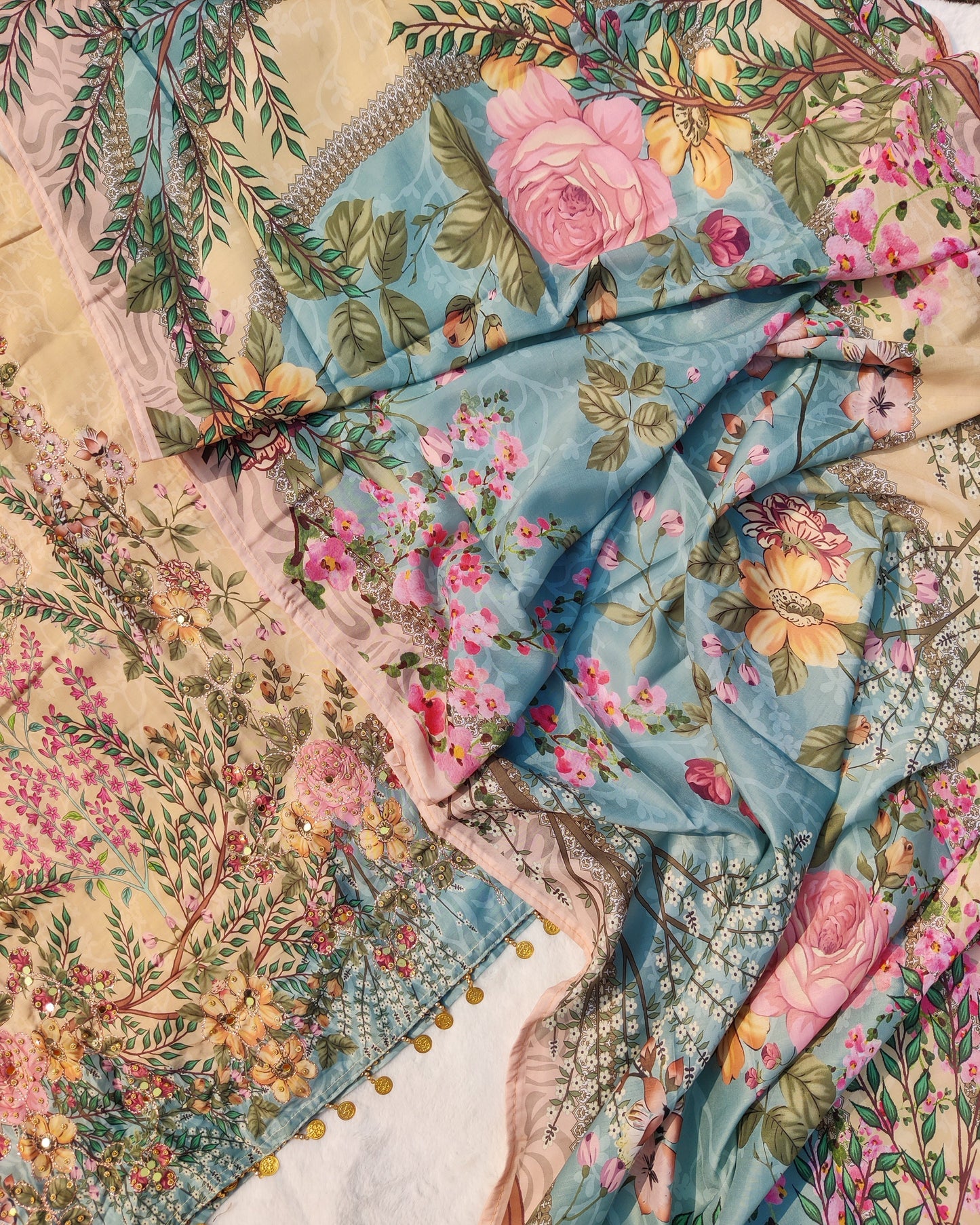 Nura Blossom- Beige & Teal Cotton Suit Set