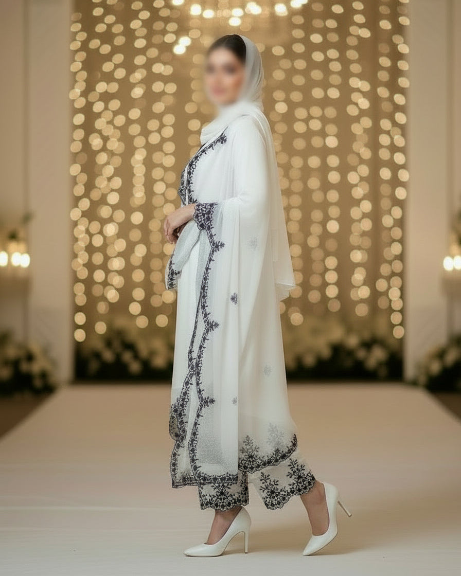 The Signature Fit - White Embroidered Georgette Pakistani Suit Set