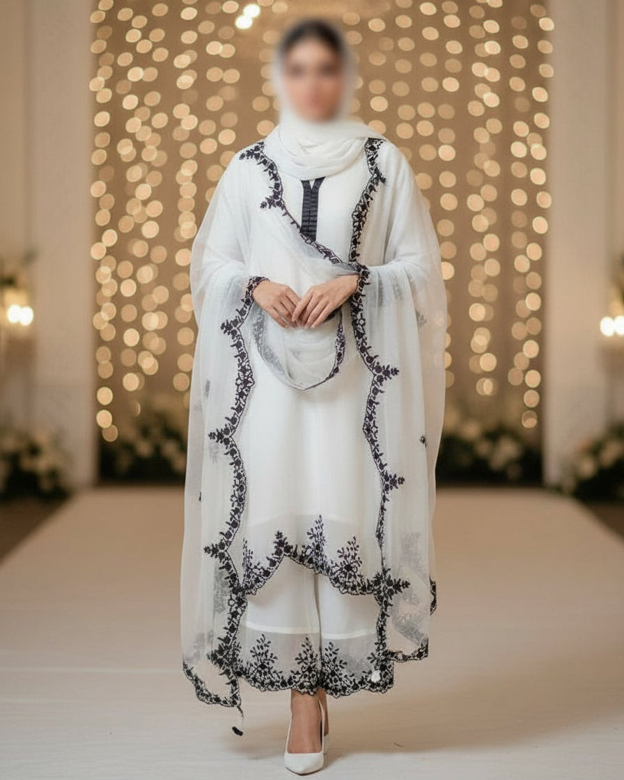 The Signature Fit - White Embroidered Georgette Pakistani Suit Set