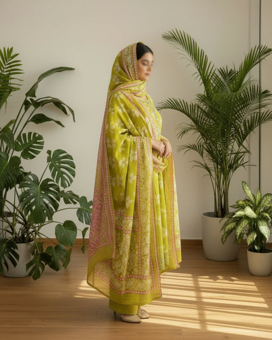 Lemon Glow - Pure Vertigan Suit Set with Kotadoriya Dupatta