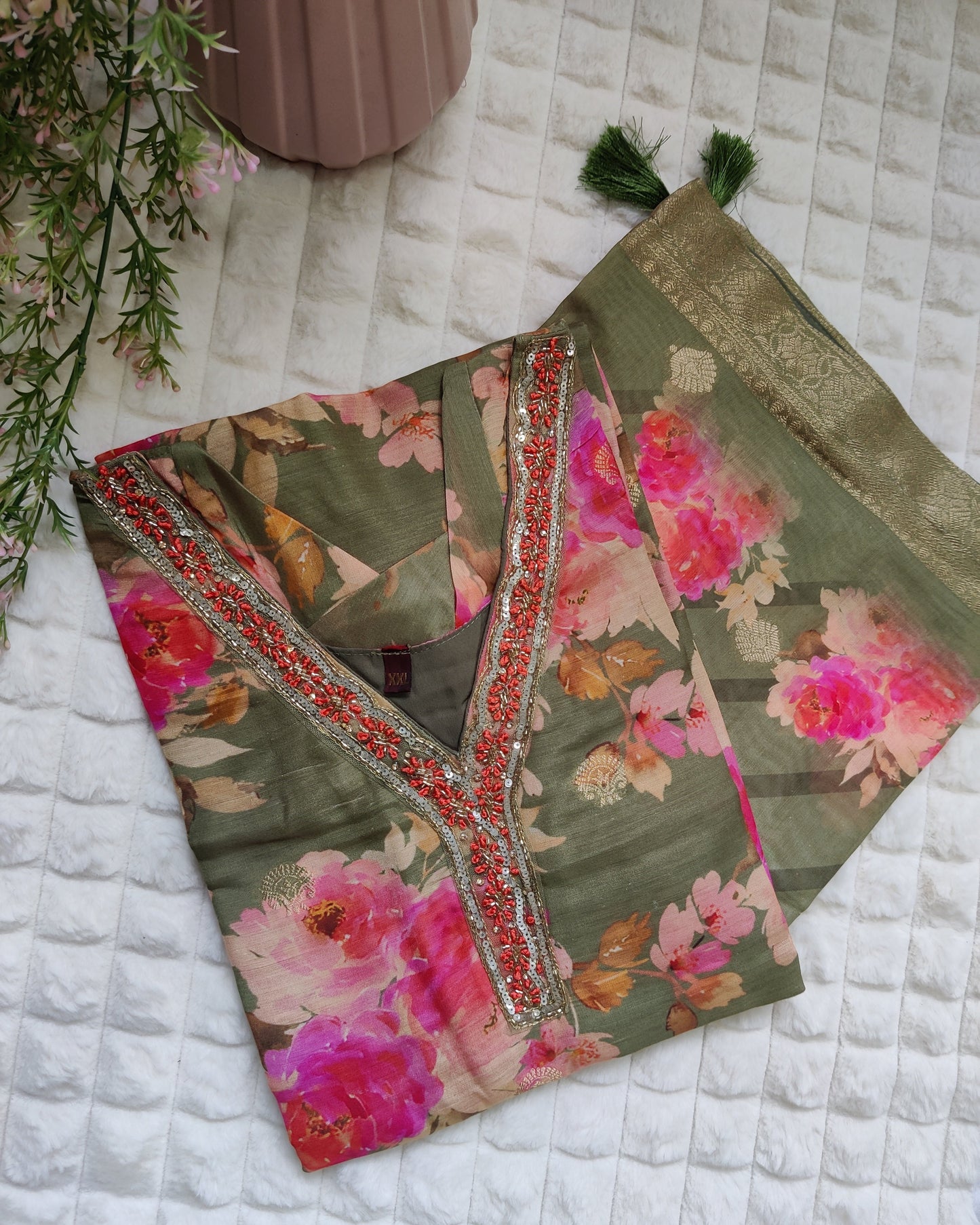 Green Royale - Hand Work Jacquard Suit Set with Banarasi Touch