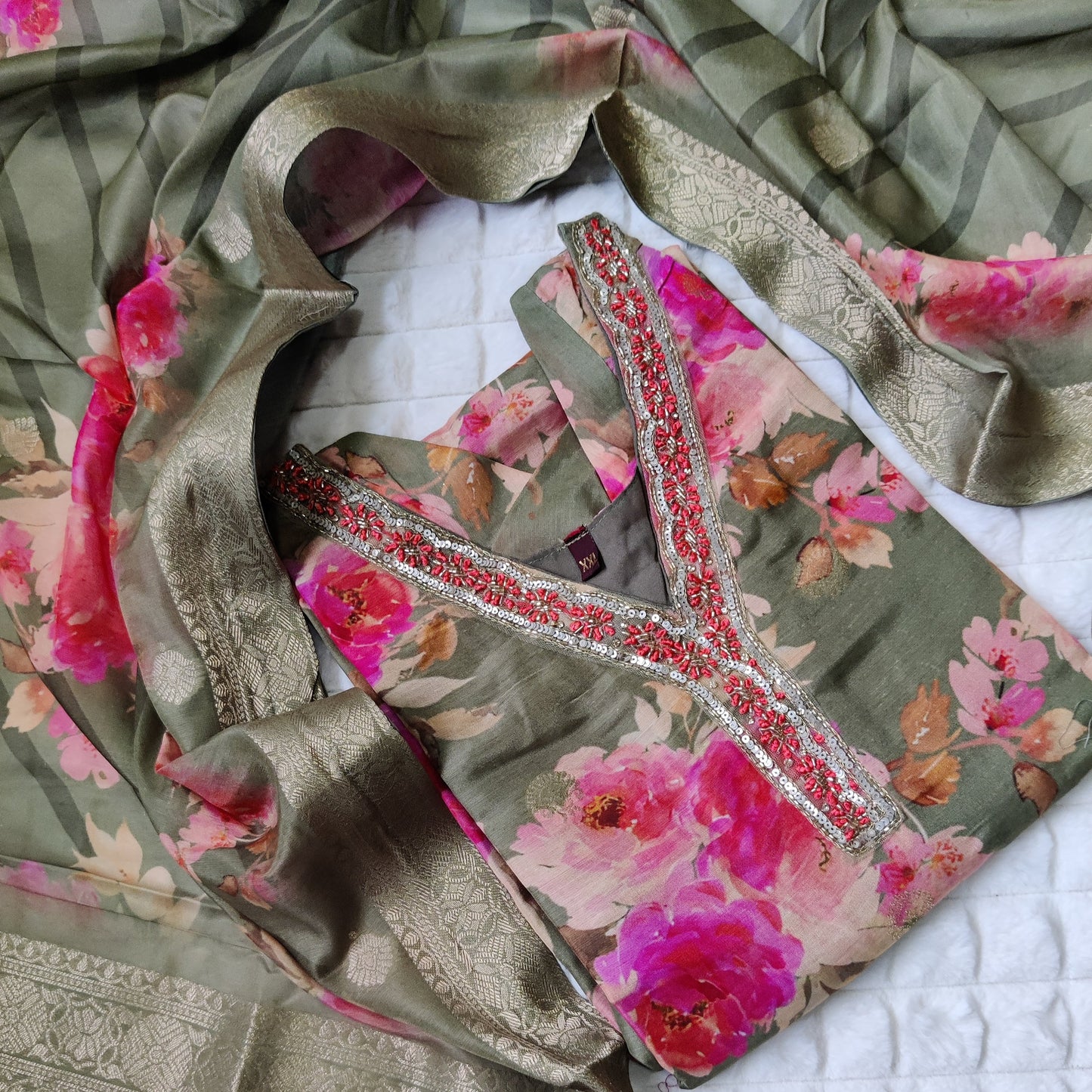 Green Royale - Hand Work Jacquard Suit Set with Banarasi Touch