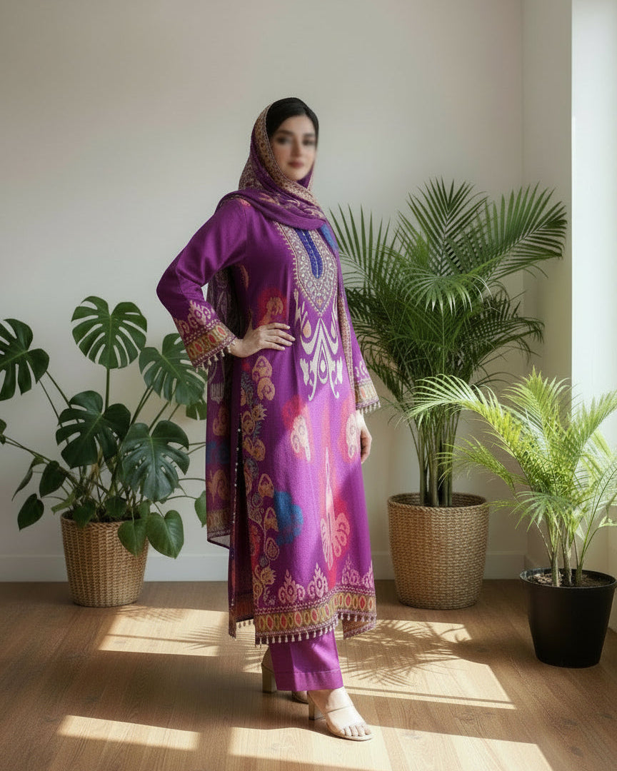 Purple Gem - Muslin Silk Mirror Embroidered Suit Set