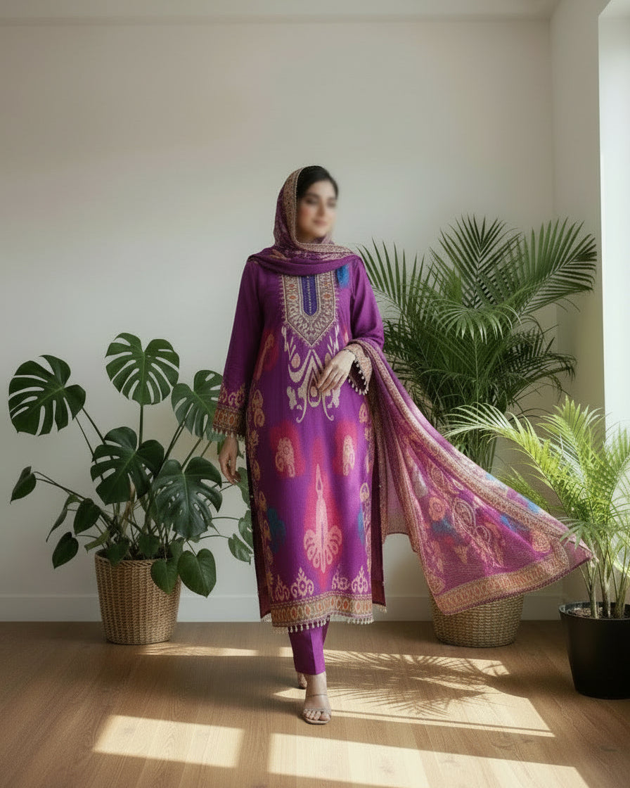 Purple Gem - Muslin Silk Mirror Embroidered Suit Set