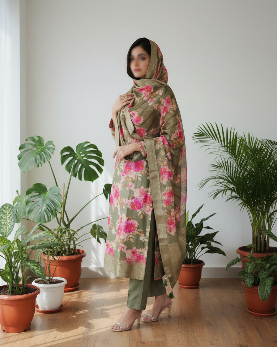 Green Royale - Hand Work Jacquard Suit Set with Banarasi Touch