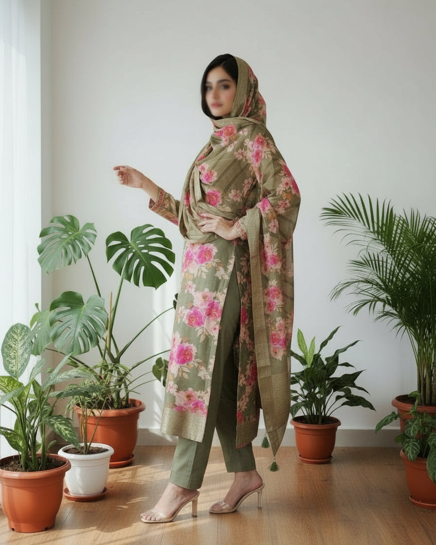 Green Royale - Hand Work Jacquard Suit Set with Banarasi Touch