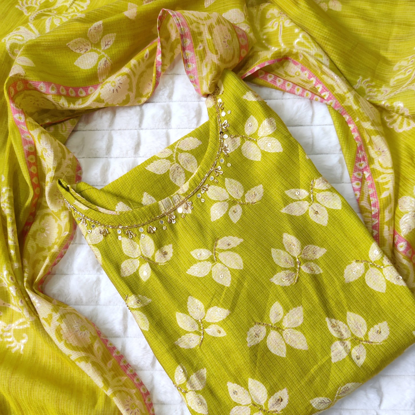 Lemon Glow - Pure Vertigan Suit Set with Kotadoriya Dupatta