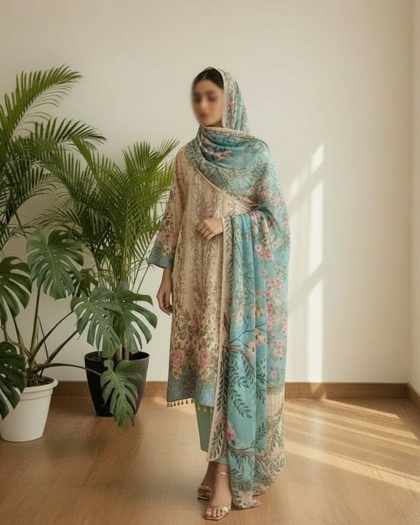 Nura Blossom- Beige & Teal Cotton Suit Set