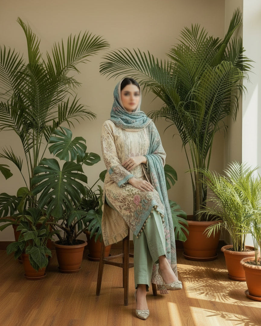 Nura Blossom- Beige & Teal Cotton Suit Set
