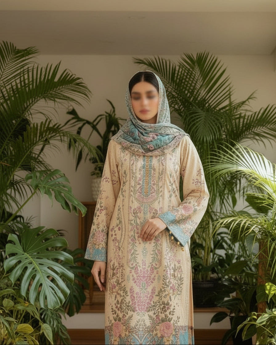 Nura Blossom- Beige & Teal Cotton Suit Set