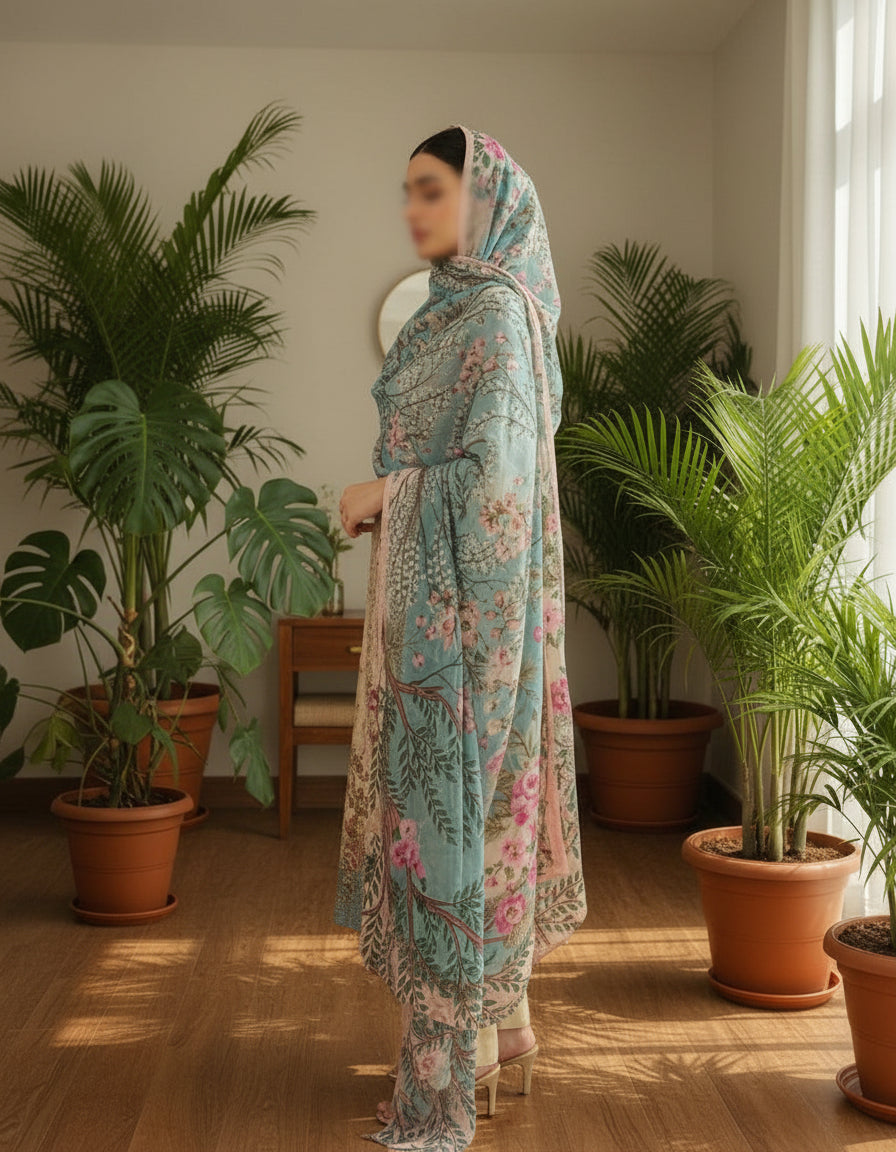 Nura Blossom- Beige & Teal Cotton Suit Set