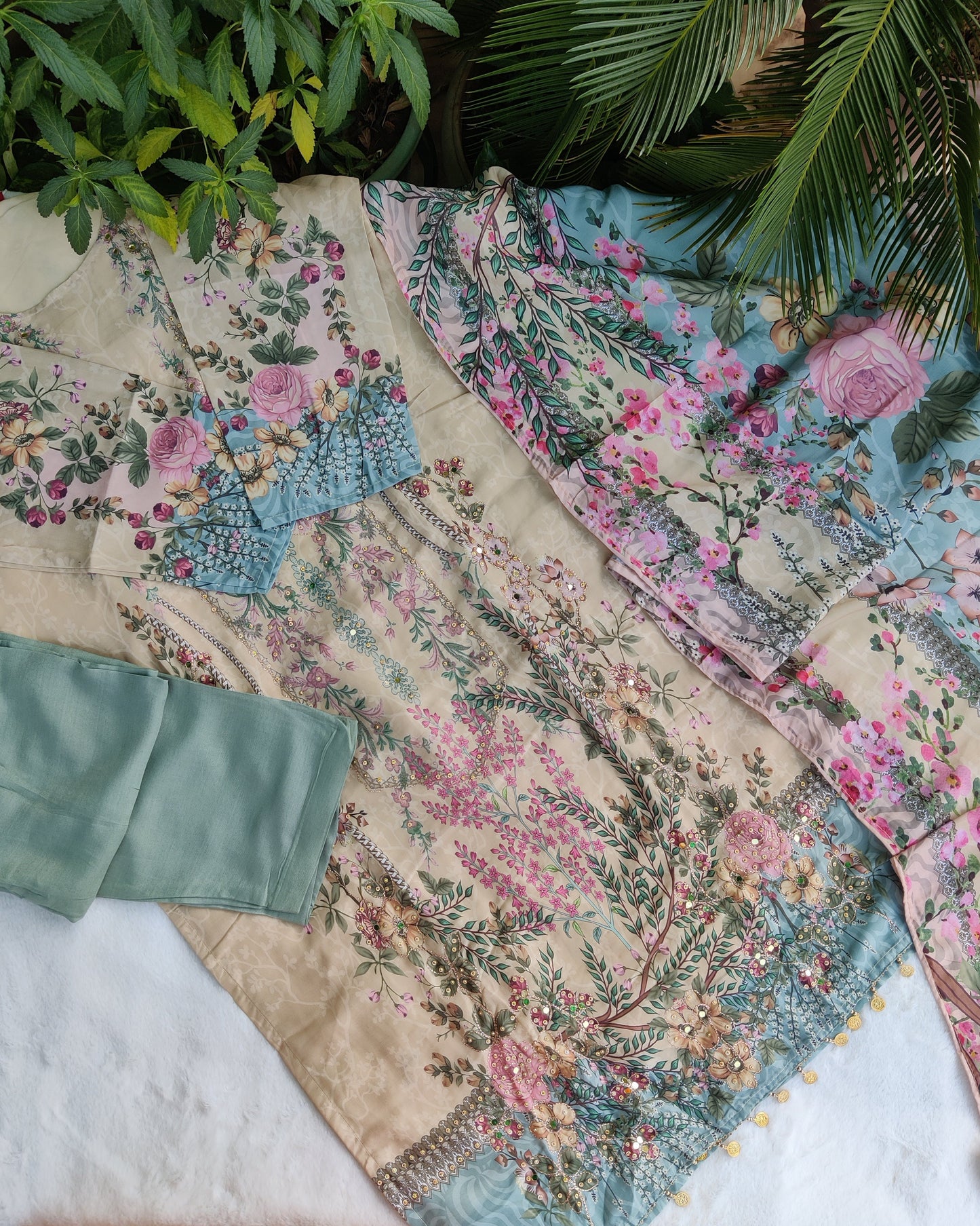 Nura Blossom- Beige & Teal Cotton Suit Set