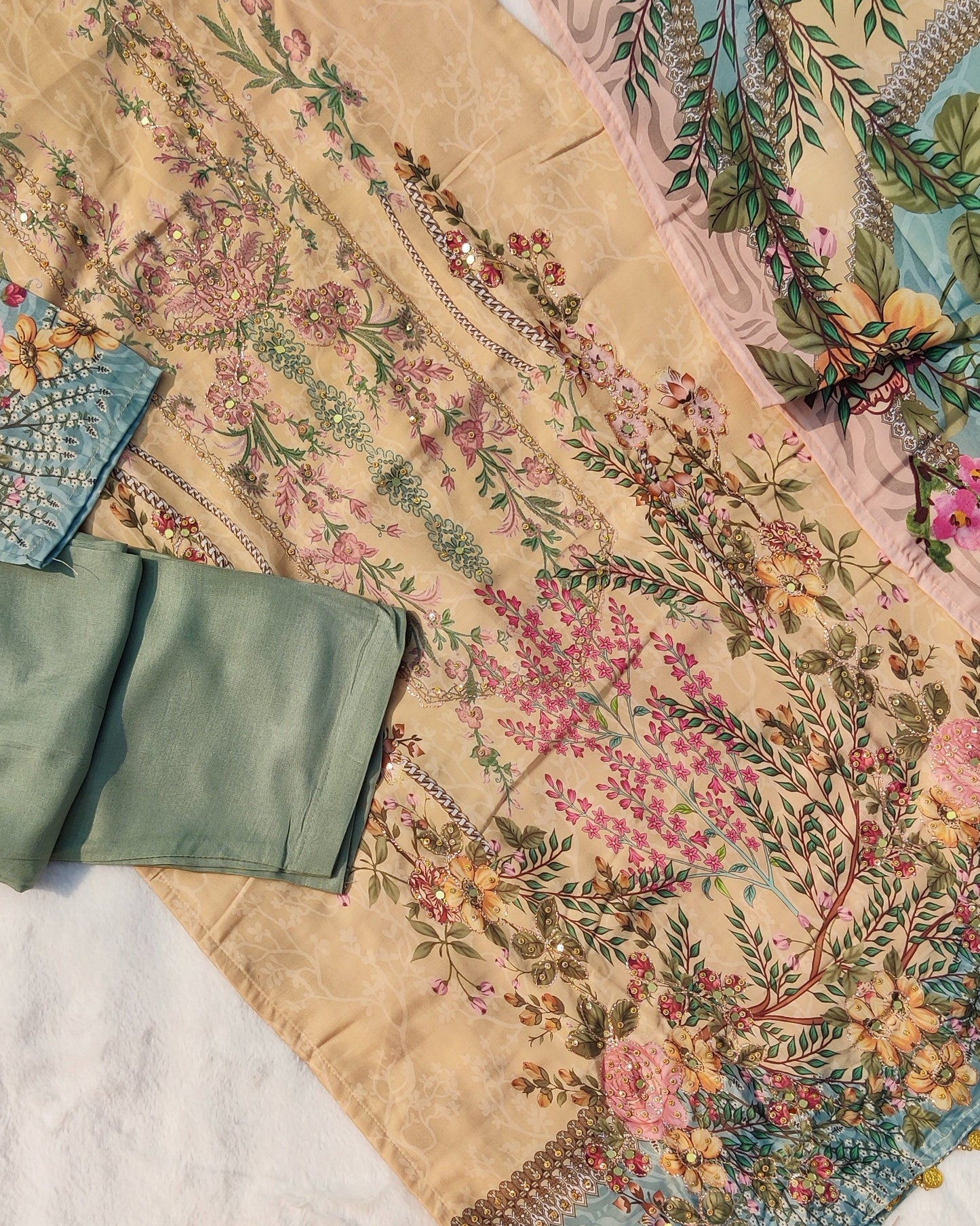 Nura Blossom- Beige & Teal Cotton Suit Set