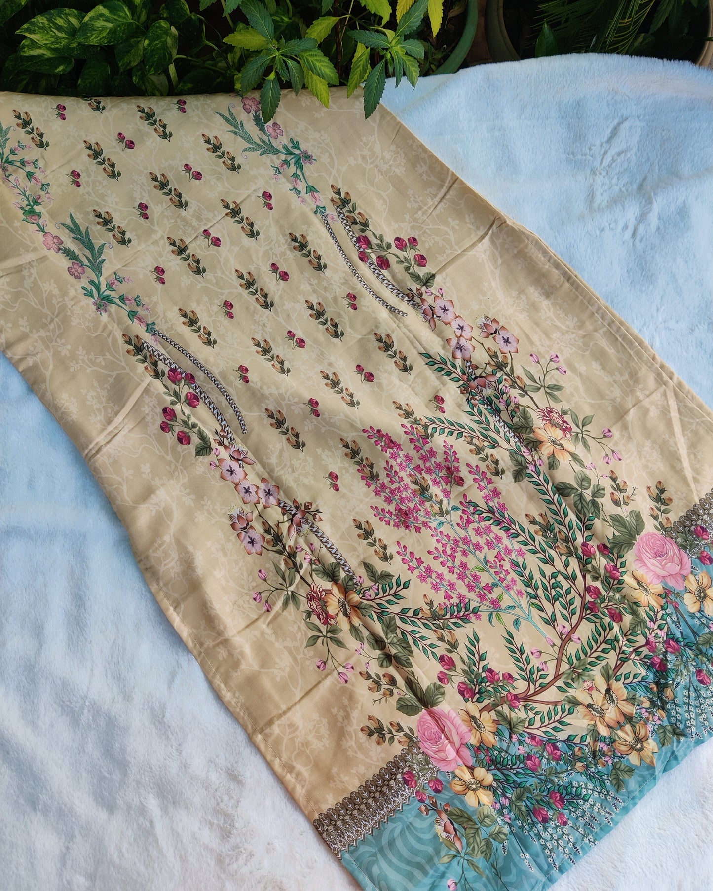 Nura Blossom- Beige & Teal Cotton Suit Set