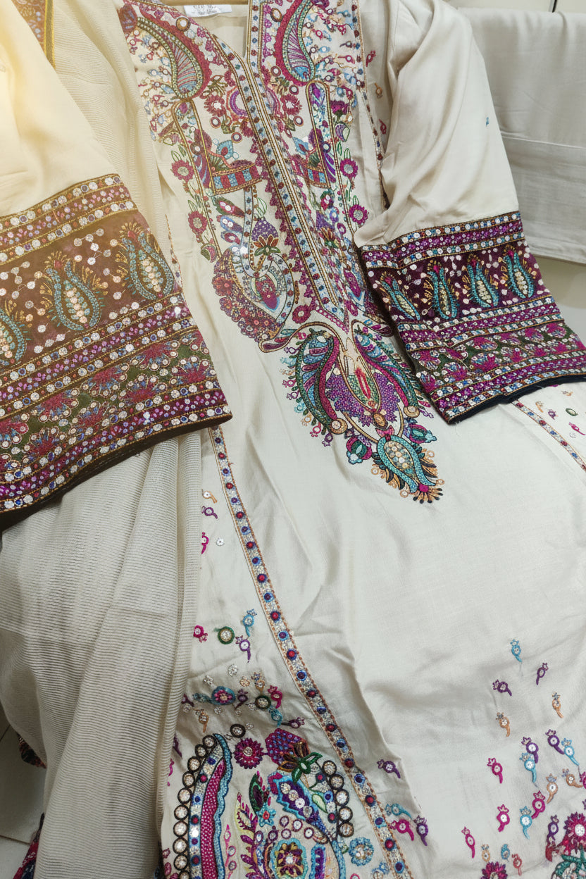 Zara Shahjahan Farshi Shalwar Suit set- Beige