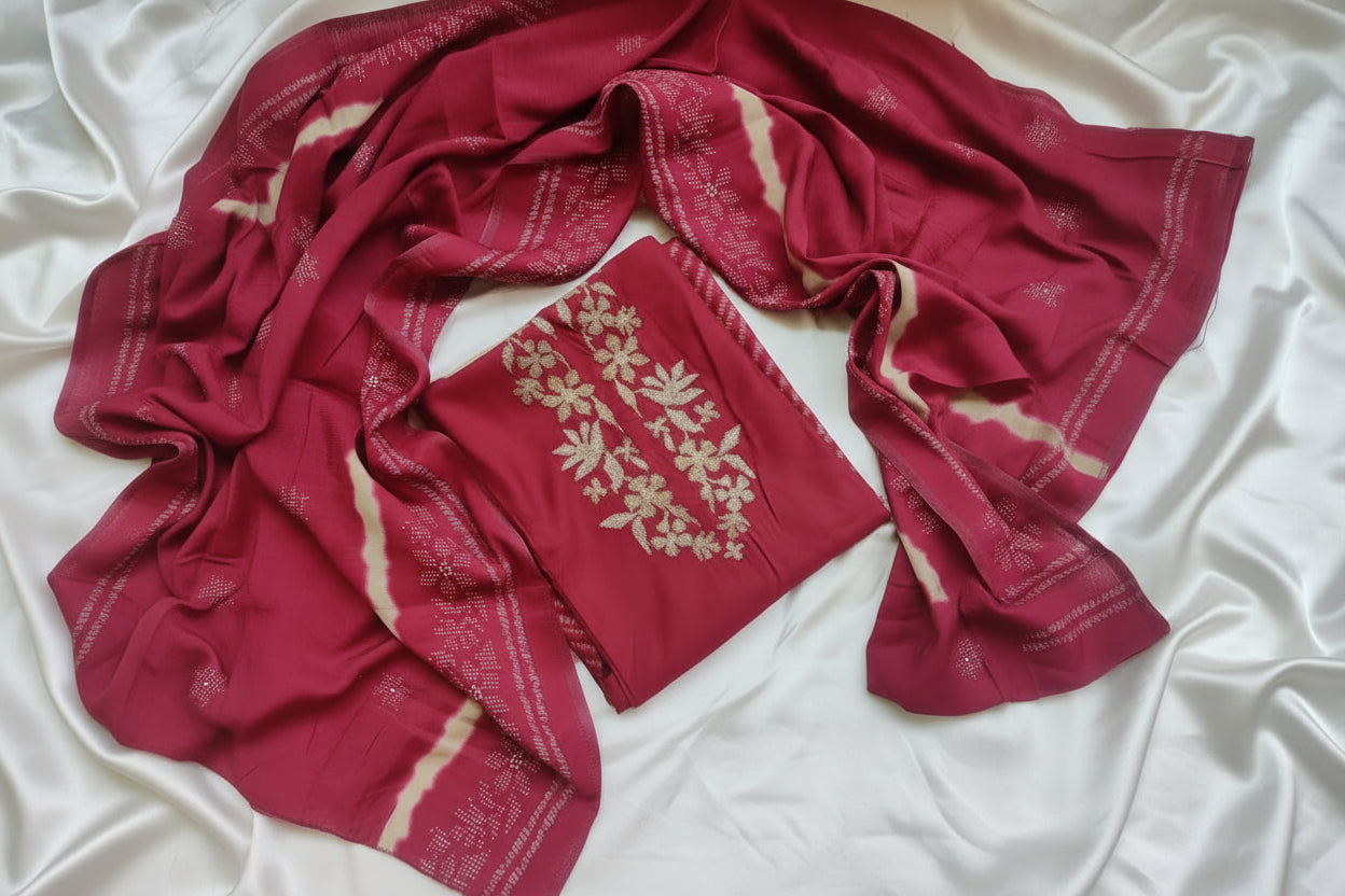 Unstitched Red Modal Cotton Suit